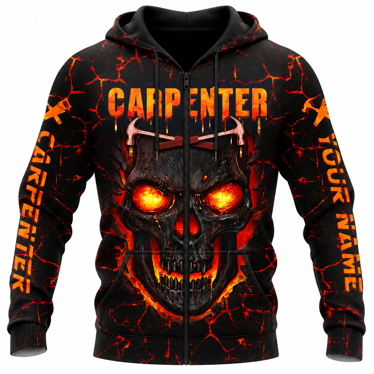 Personalized Carpenter Zip Hoodie - Fiery Orange Skull, front view