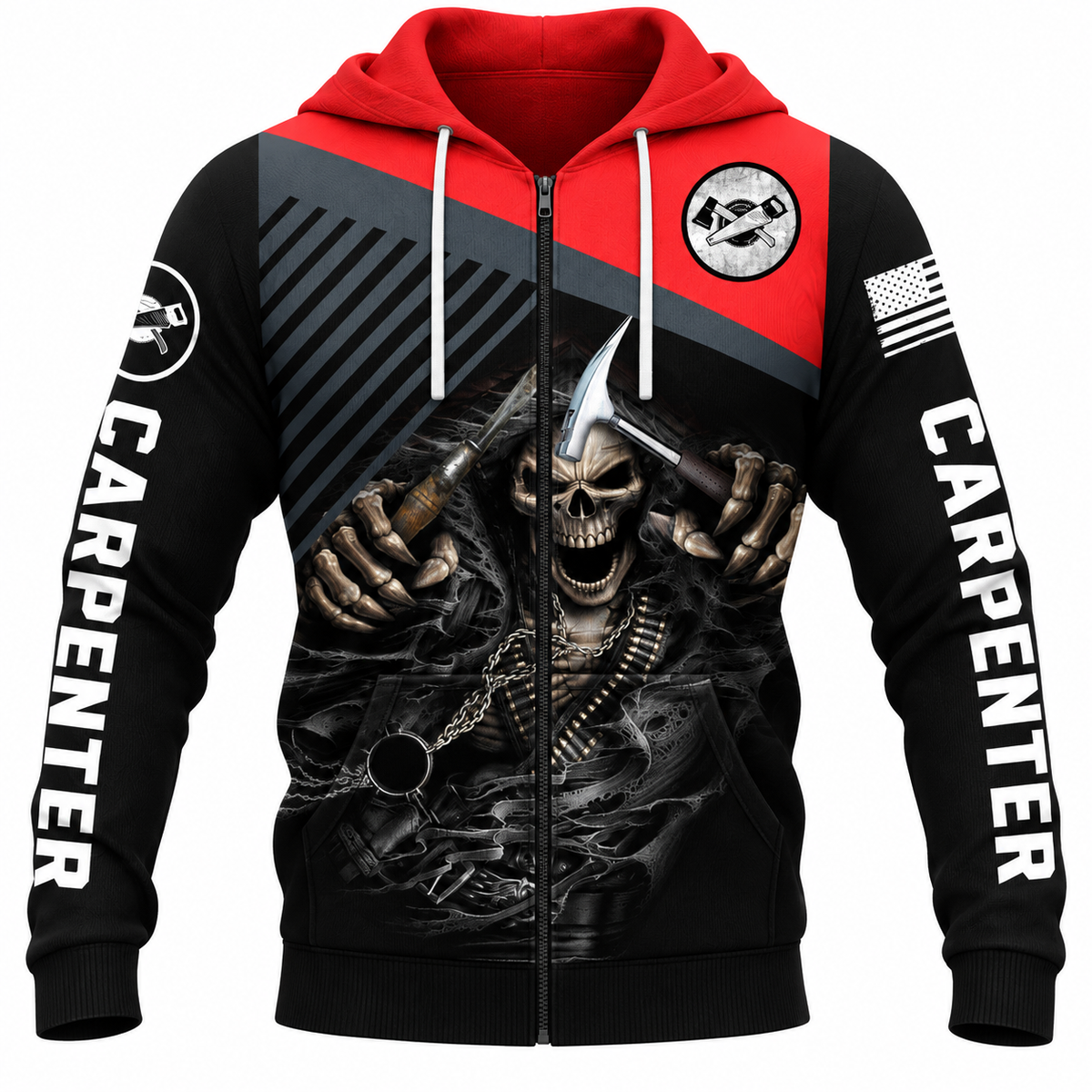 Personalized Carpenter Zip Hoodie - Red Black Hooded Skull, front view
