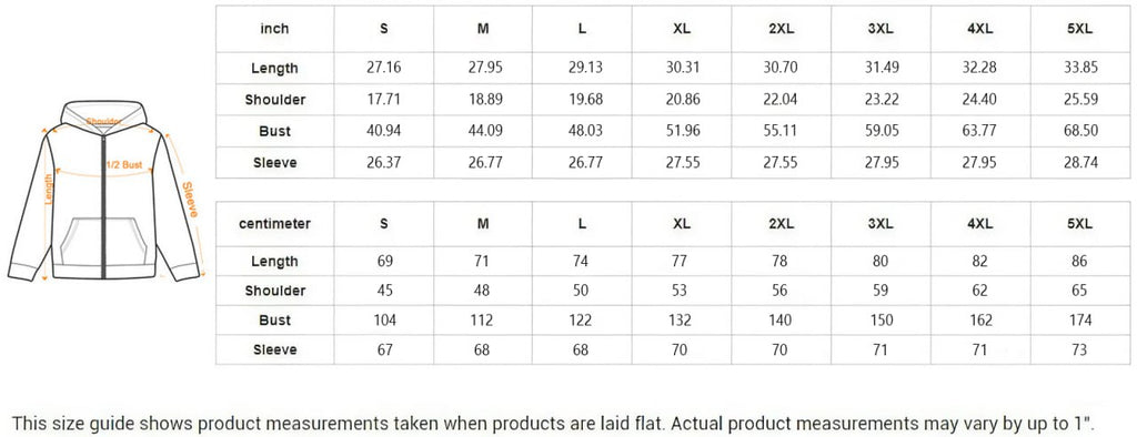 Zip hoodie size chart S to 5XL