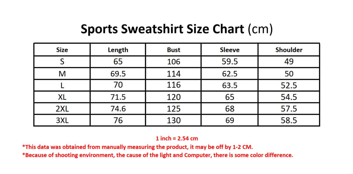 Personalized Logger A Life in Timber Sports Sweatshirt size chart, S to 3XL, measurements in centimeters