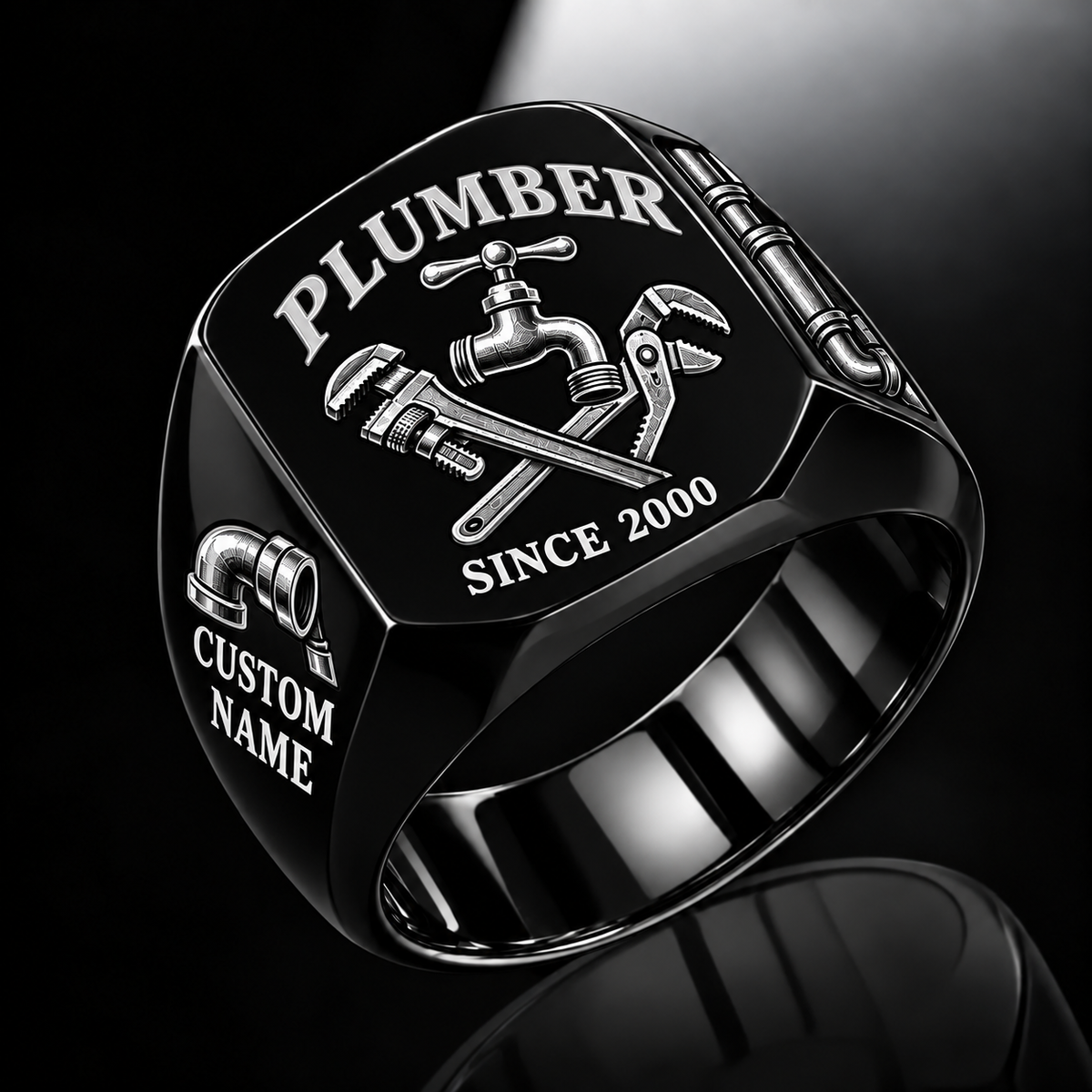 Plumber Classic Emblem ring in Black, showing CUSTOM NAME and SINCE 2000