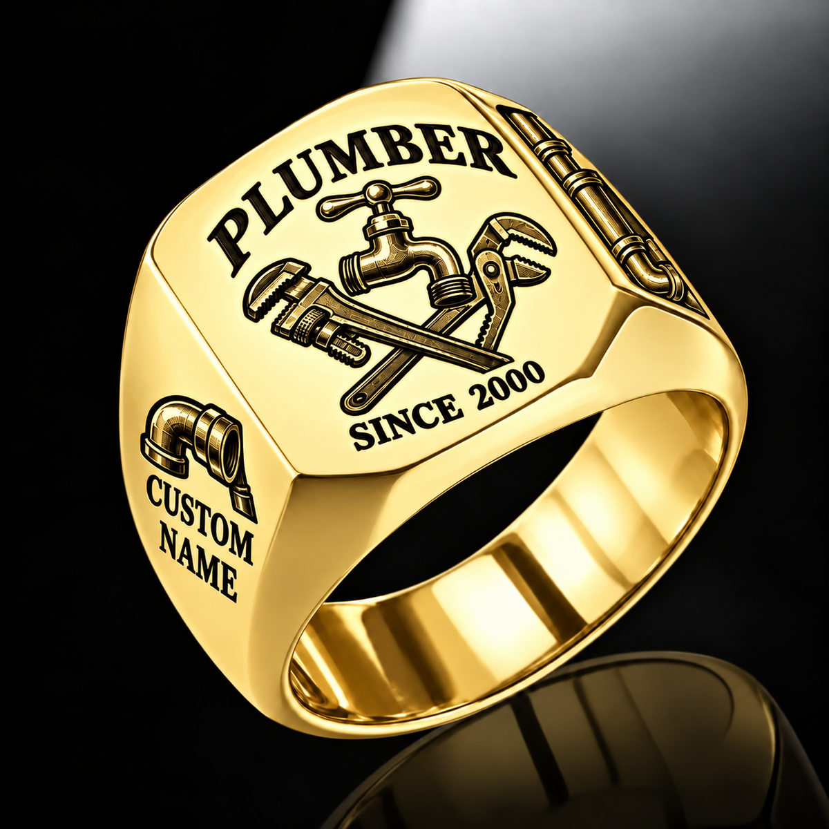 Plumber Classic Emblem ring in Gold, showing CUSTOM NAME and SINCE 2000