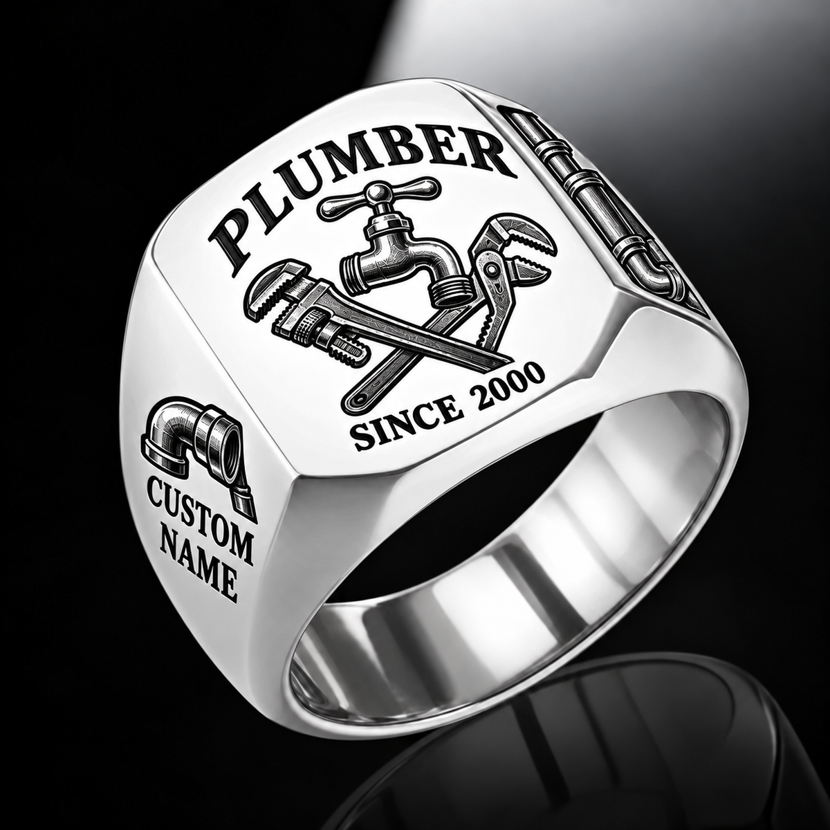 Plumber Classic Emblem ring in Silver, showing CUSTOM NAME and SINCE 2000