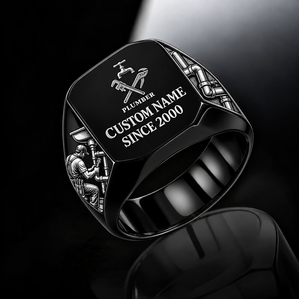 Plumber Signature Crest ring in Black, showing CUSTOM NAME and SINCE 2000