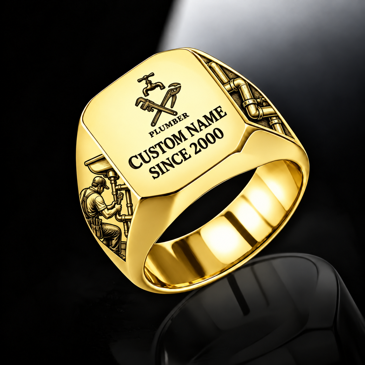Plumber Signature Crest ring in Gold, showing CUSTOM NAME and SINCE 2000