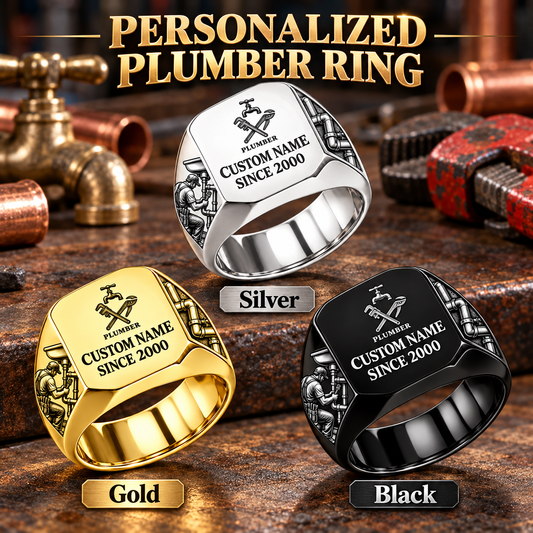 Plumber Signature Crest personalized ring in Silver, Gold and Black with CUSTOM NAME and SINCE 2000 on a plumber-themed background