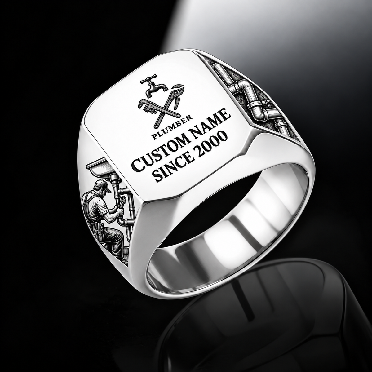 Plumber Signature Crest ring in Silver, showing CUSTOM NAME and SINCE 2000