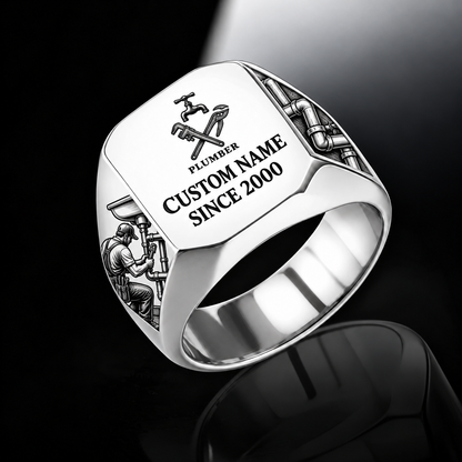 Plumber Signature Crest ring in Silver, showing CUSTOM NAME and SINCE 2000