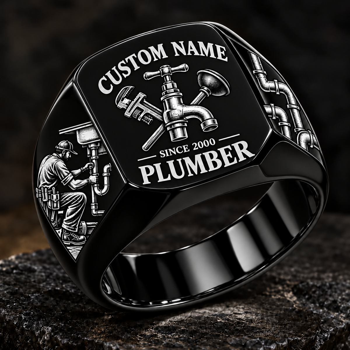 Plumber Heritage Emblem ring in Black, showing CUSTOM NAME and SINCE 2000