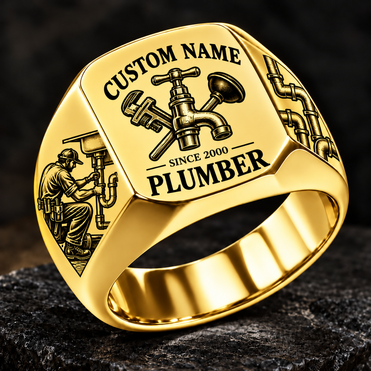 Plumber Heritage Emblem ring in Gold, showing CUSTOM NAME and SINCE 2000