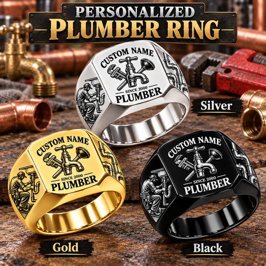 Plumber Heritage Emblem personalized ring in Silver, Gold and Black with CUSTOM NAME and SINCE 2000 on a plumber-themed background