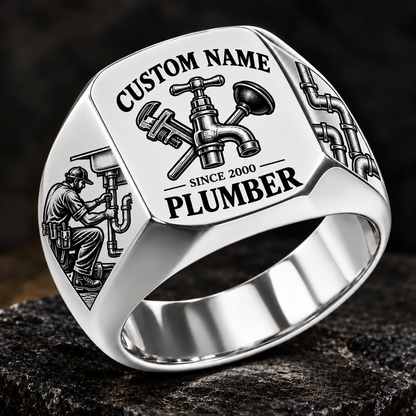 Plumber Heritage Emblem ring in Silver, showing CUSTOM NAME and SINCE 2000