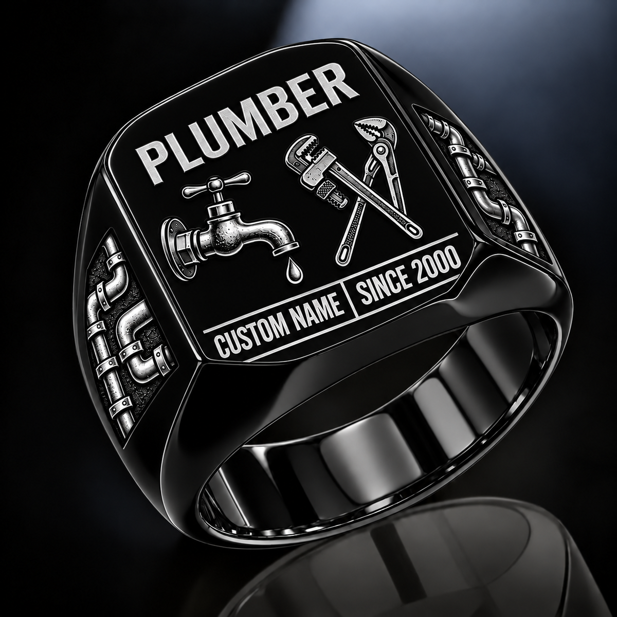Plumber Twin Icons ring in Black, showing CUSTOM NAME and SINCE 2000