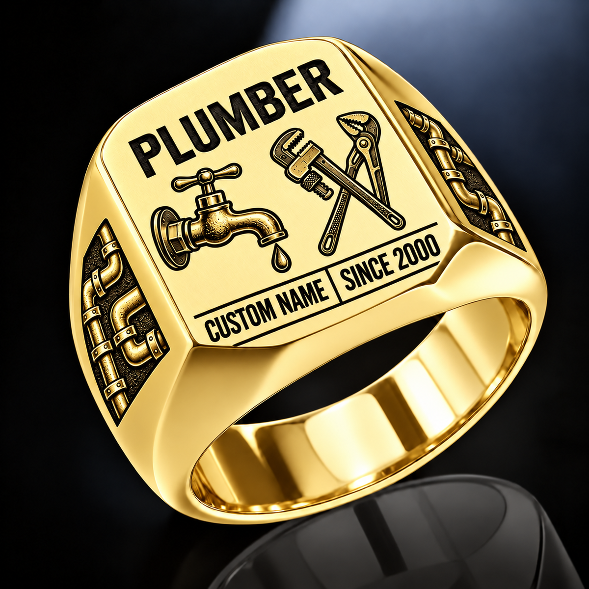 Plumber Twin Icons ring in Gold, showing CUSTOM NAME and SINCE 2000
