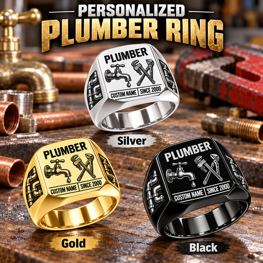 Plumber Twin Icons personalized ring in Silver, Gold and Black with CUSTOM NAME and SINCE 2000 on a plumber-themed background