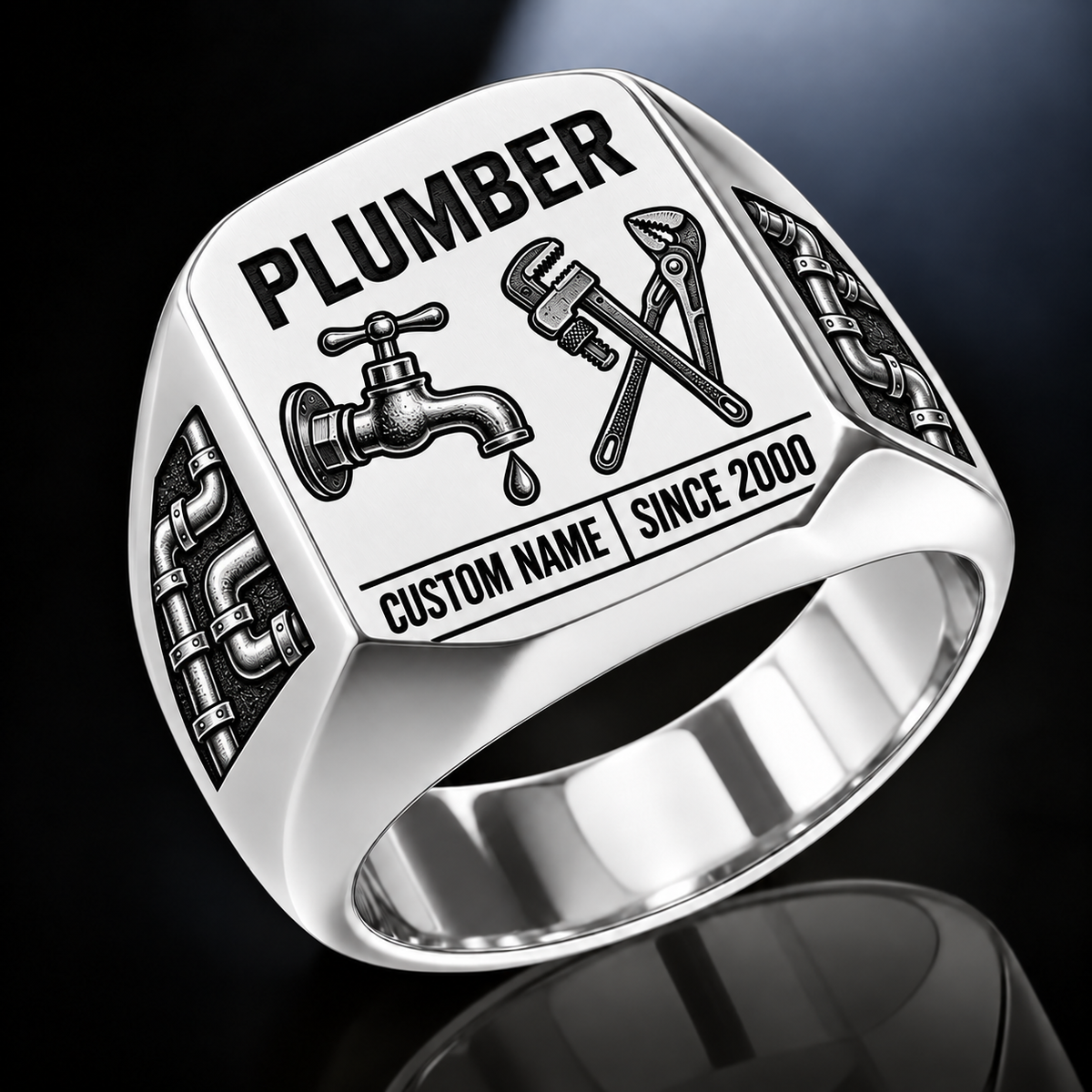 Plumber Twin Icons ring in Silver, showing CUSTOM NAME and SINCE 2000