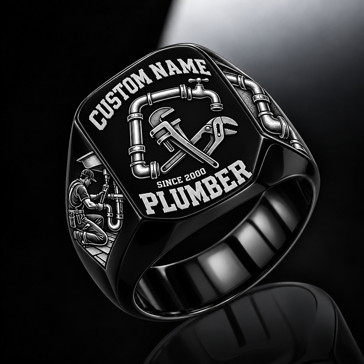 Plumber Bold Lettering ring in Black, showing CUSTOM NAME and SINCE 2000