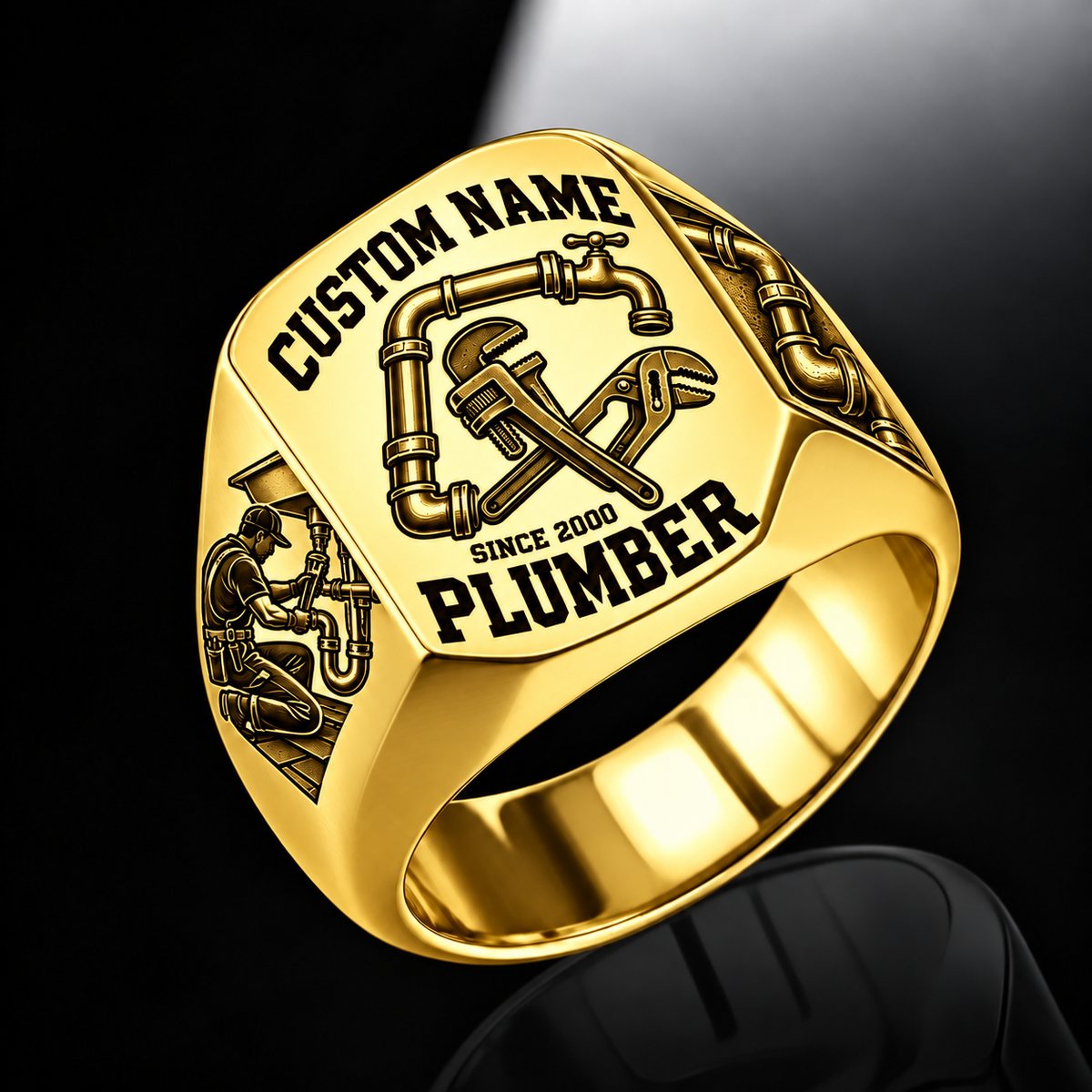 Plumber Bold Lettering ring in Gold, showing CUSTOM NAME and SINCE 2000