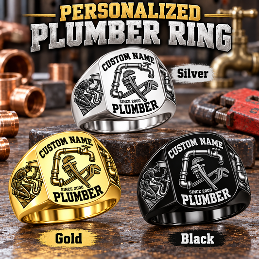 Plumber Bold Lettering personalized ring in Silver, Gold and Black with CUSTOM NAME and SINCE 2000 on a plumber-themed background
