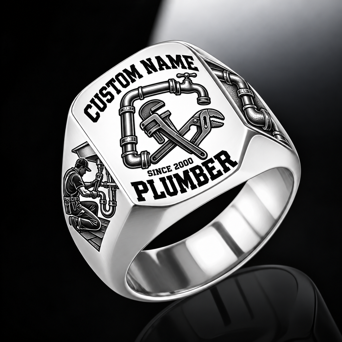 Plumber Bold Lettering ring in Silver, showing CUSTOM NAME and SINCE 2000