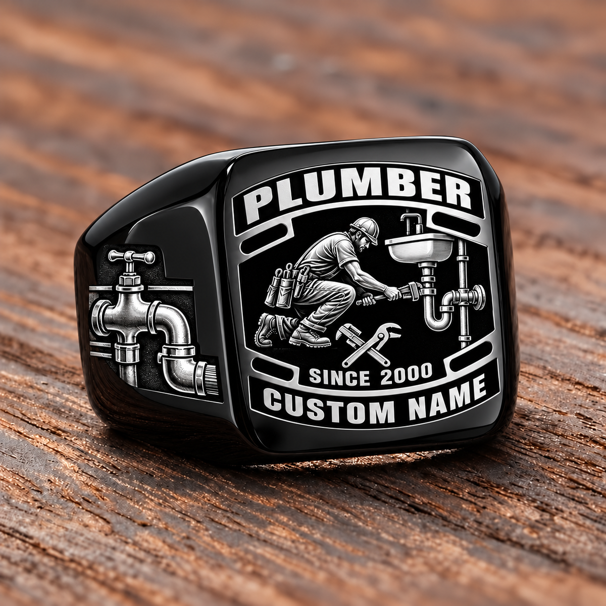 Plumber Black Face Badge ring in Black, showing CUSTOM NAME and SINCE 2000