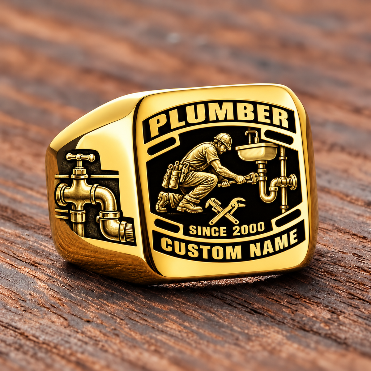 Plumber Black Face Badge ring in Gold, showing CUSTOM NAME and SINCE 2000