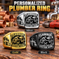 Plumber Black Face Badge personalized ring in Silver, Gold and Black with CUSTOM NAME and SINCE 2000 on a plumber-themed background