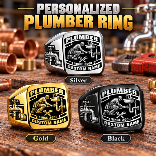 Plumber Black Face Badge personalized ring in Silver, Gold and Black with CUSTOM NAME and SINCE 2000 on a plumber-themed background