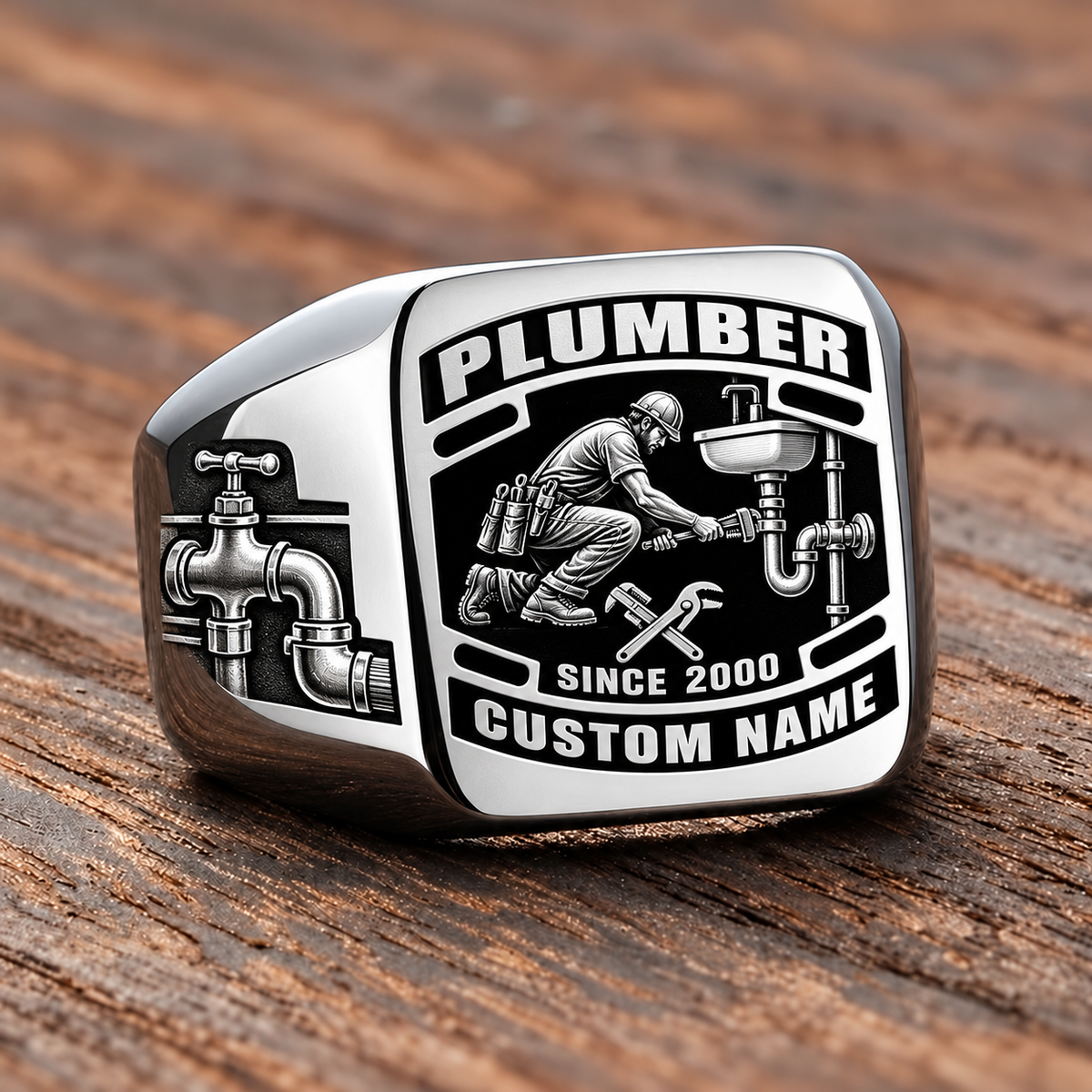 Plumber Black Face Badge ring in Silver, showing CUSTOM NAME and SINCE 2000