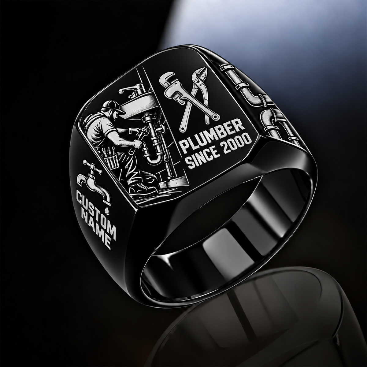 Plumber Split Emblem ring in Black, showing CUSTOM NAME and SINCE 2000