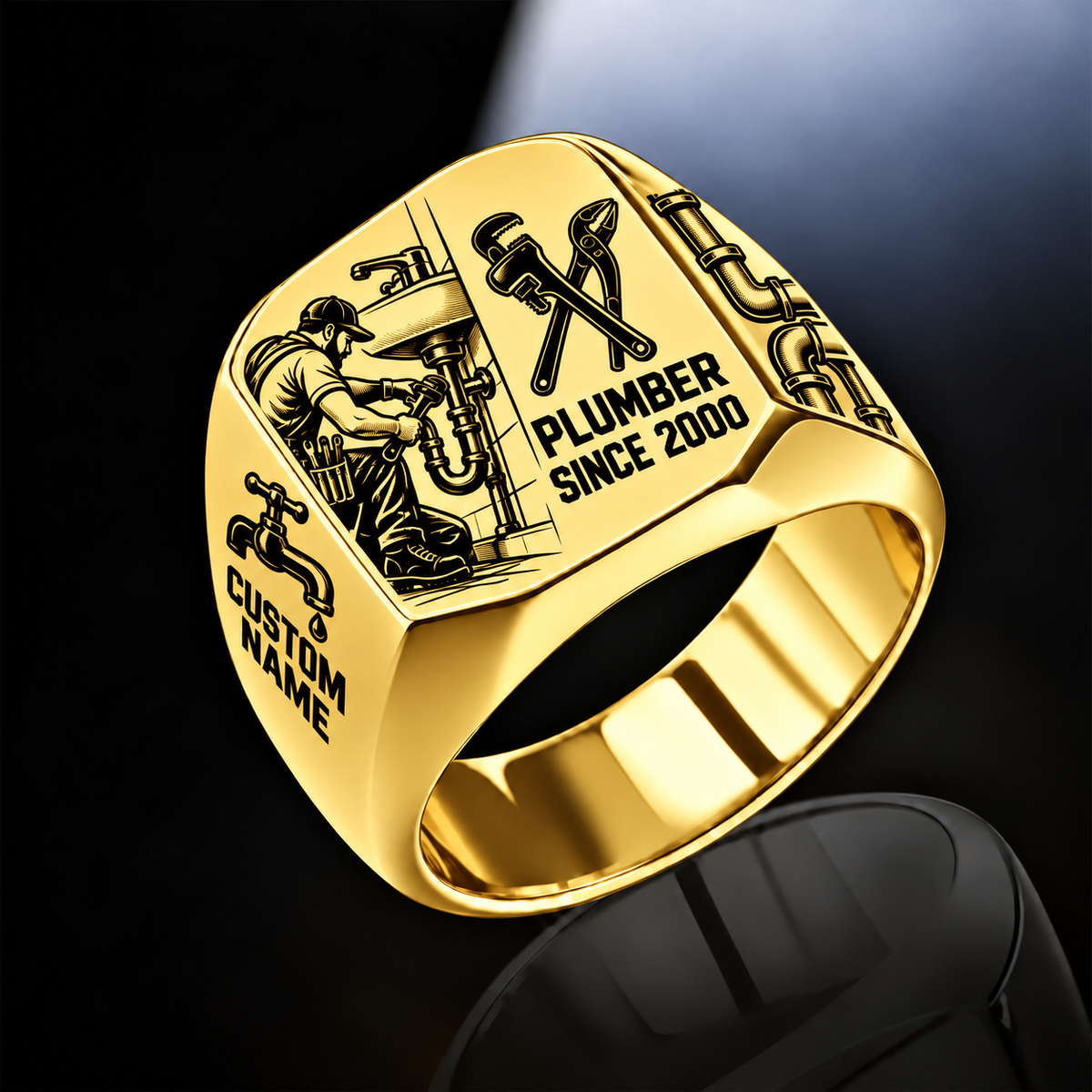 Plumber Split Emblem ring in Gold, showing CUSTOM NAME and SINCE 2000