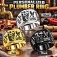 Plumber Split Emblem personalized ring in Silver, Gold and Black with CUSTOM NAME and SINCE 2000 on a plumber-themed background