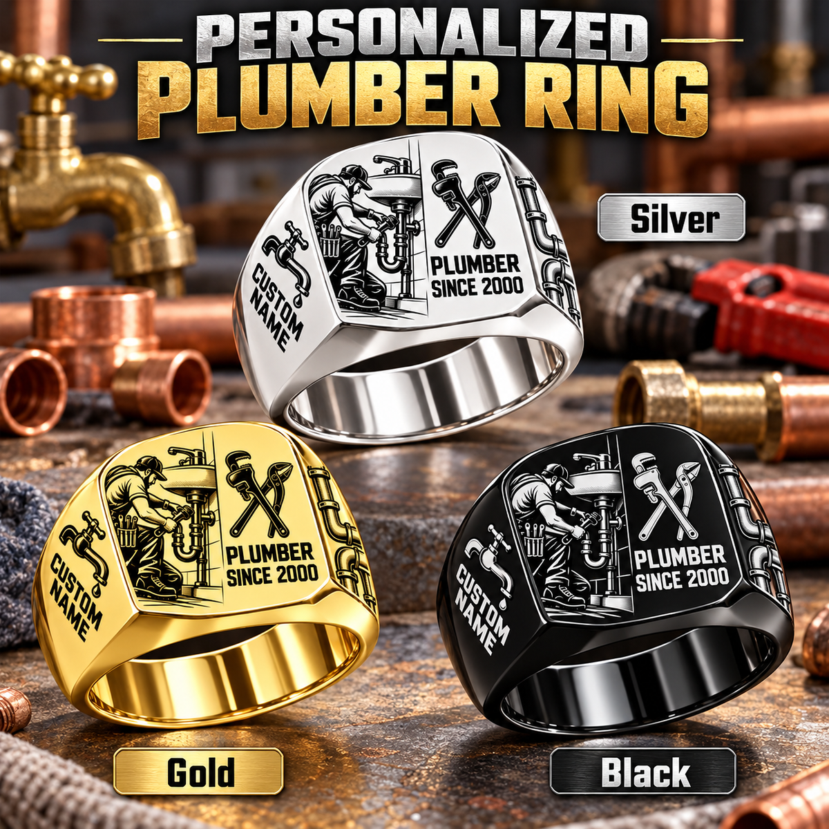 Plumber Split Emblem personalized ring in Silver, Gold and Black with CUSTOM NAME and SINCE 2000 on a plumber-themed background