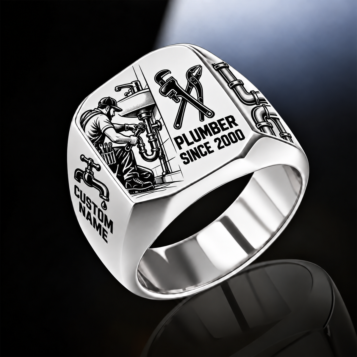 Plumber Split Emblem ring in Silver, showing CUSTOM NAME and SINCE 2000