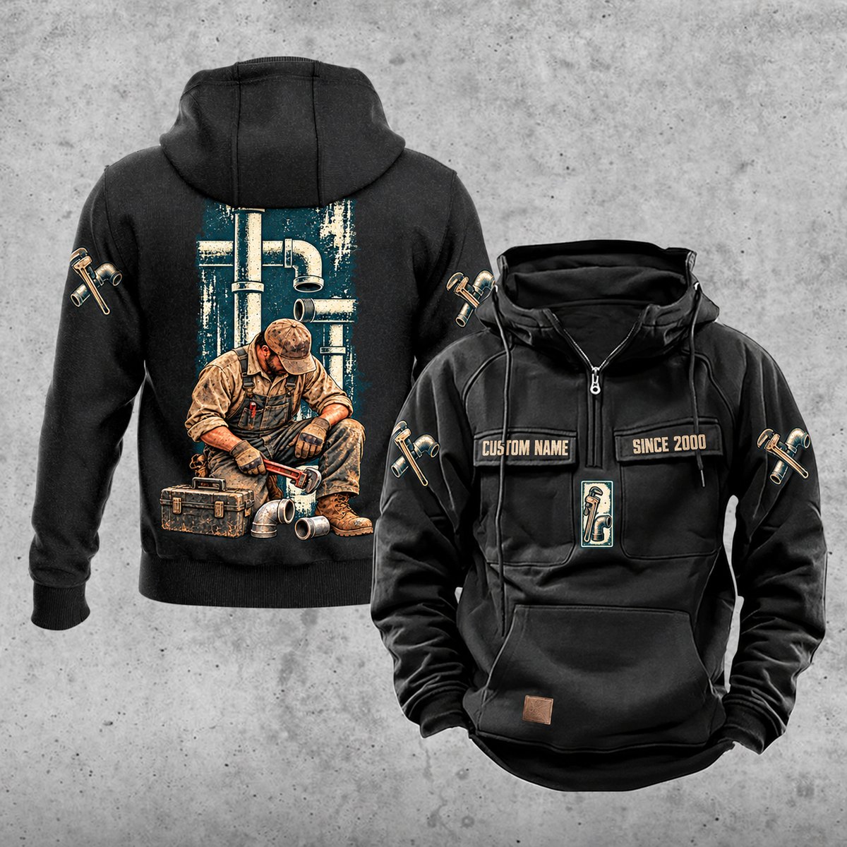 Plumber Daily Commitment Portrait Vintage Hoodie in Black, front and back views with sample chest text CUSTOM NAME and SINCE 2000, a tall pipework panel and kneeling plumber back illustration, and small wrench-and-fitting sleeve motifs.