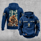 Plumber Daily Commitment Portrait Vintage Hoodie in Dark Blue, front and back views with sample chest text CUSTOM NAME and SINCE 2000, a tall pipework panel and kneeling plumber back illustration, and small wrench-and-fitting sleeve motifs.