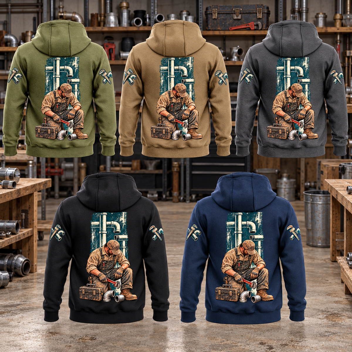 Five Plumber Daily Commitment Portrait Vintage Hoodies shown from the back in a plumbing workshop: Military Green, Kaki and Dark Gray across the top, Black and Dark Blue below, with tall pipework panels and kneeling plumber illustrations.
