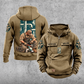 Plumber Daily Commitment Portrait Vintage Hoodie in Kaki, front and back views with sample chest text CUSTOM NAME and SINCE 2000, a tall pipework panel and kneeling plumber back illustration, and small wrench-and-fitting sleeve motifs.