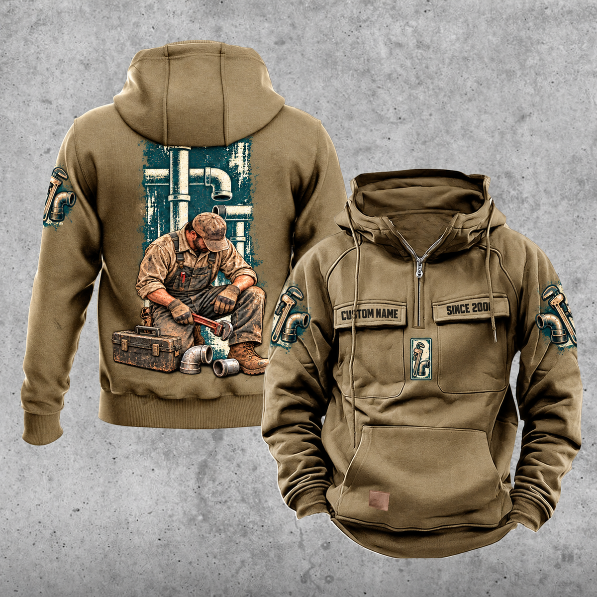 Plumber Daily Commitment Portrait Vintage Hoodie in Kaki, front and back views with sample chest text CUSTOM NAME and SINCE 2000, a tall pipework panel and kneeling plumber back illustration, and small wrench-and-fitting sleeve motifs.