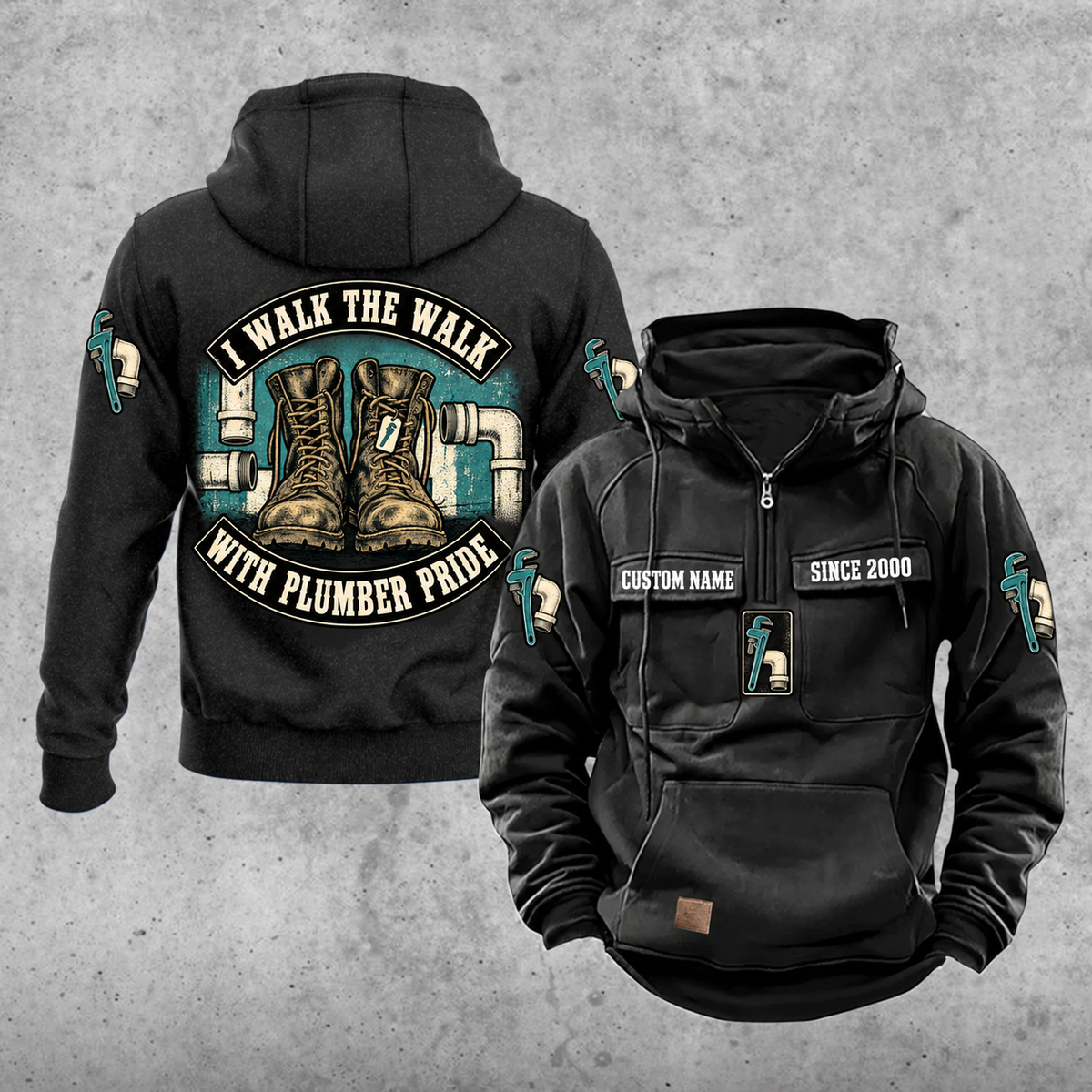 Plumber Walk the Walk Badge Vintage Hoodie in Black, front and back views with sample text CUSTOM NAME and SINCE 2000, arched boots and pipework graphic, and upper-sleeve pipe-wrench icons.