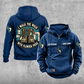 Plumber Walk the Walk Badge Vintage Hoodie in Dark Blue, front and back views with sample text CUSTOM NAME and SINCE 2000, arched boots and pipework graphic, and upper-sleeve pipe-wrench icons.