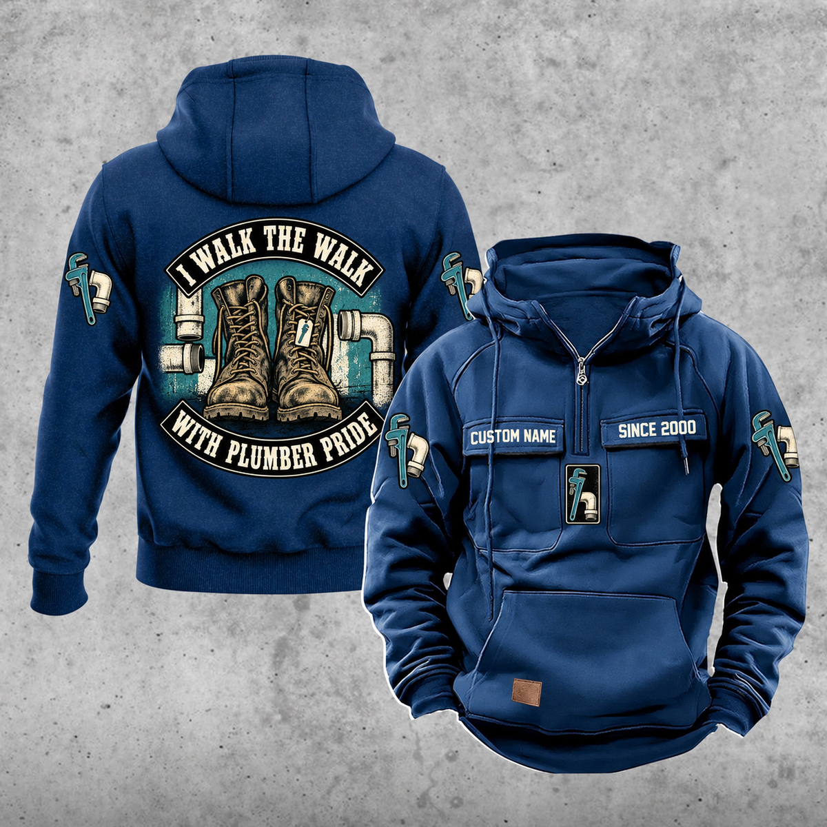 Plumber Walk the Walk Badge Vintage Hoodie in Dark Blue, front and back views with sample text CUSTOM NAME and SINCE 2000, arched boots and pipework graphic, and upper-sleeve pipe-wrench icons.
