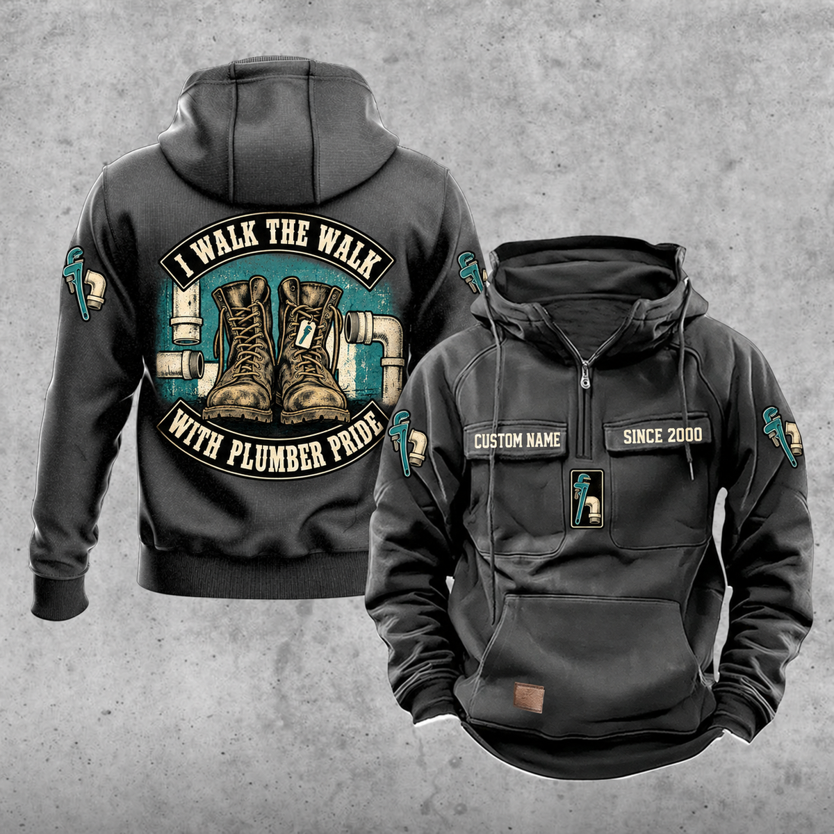 Plumber Walk the Walk Badge Vintage Hoodie in Dark Gray, front and back views with sample text CUSTOM NAME and SINCE 2000, arched boots and pipework graphic, and upper-sleeve pipe-wrench icons.
