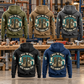 Five complete back views of Plumber Walk the Walk Badge Vintage Hoodies in Military Green, Kaki, Dark Gray, Black and Dark Blue, showing matching arched boot and pipework graphics against an organized plumbing workshop.