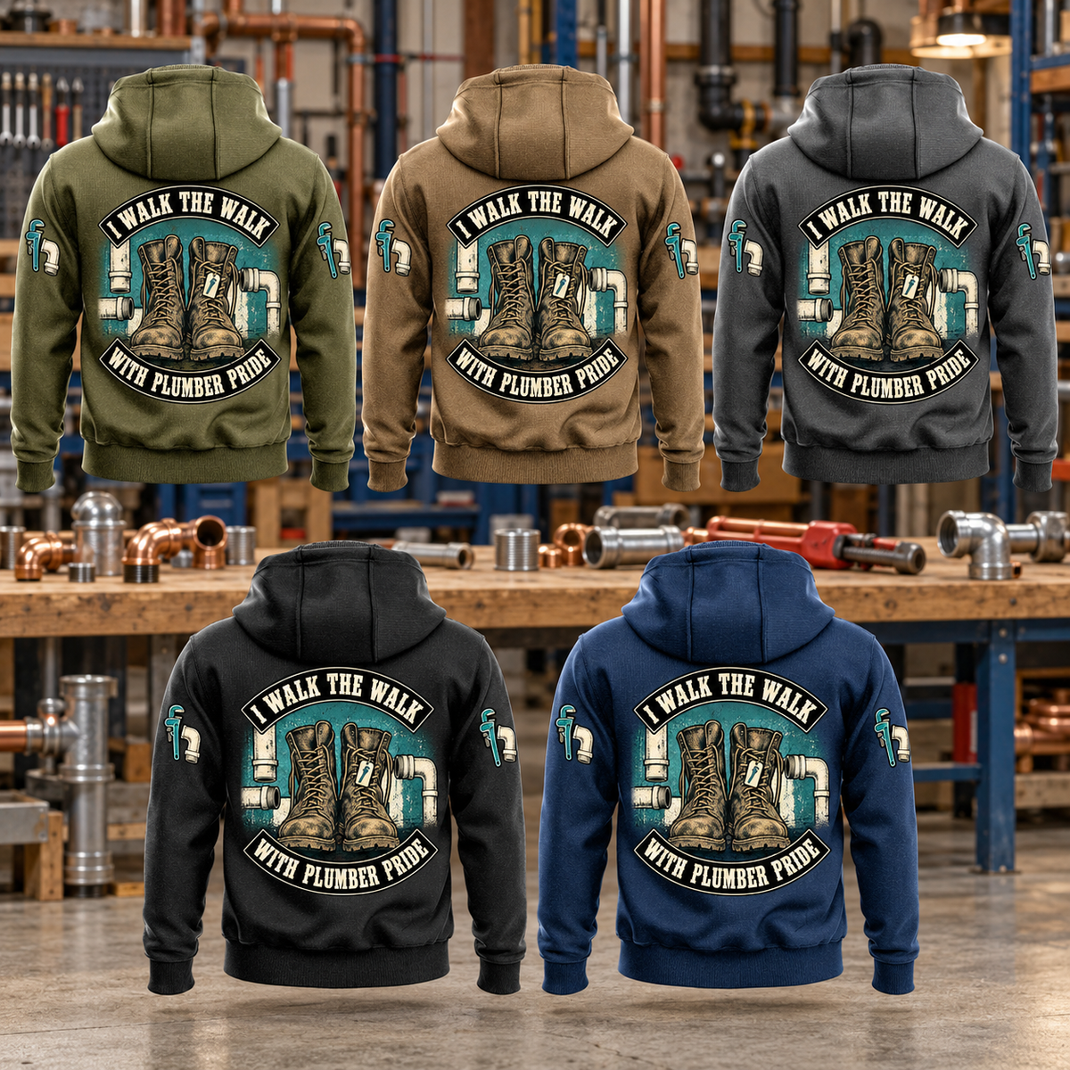 Five complete back views of Plumber Walk the Walk Badge Vintage Hoodies in Military Green, Kaki, Dark Gray, Black and Dark Blue, showing matching arched boot and pipework graphics against an organized plumbing workshop.