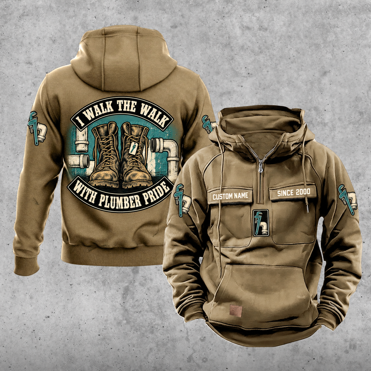 Plumber Walk the Walk Badge Vintage Hoodie in Kaki, front and back views with sample text CUSTOM NAME and SINCE 2000, arched boots and pipework graphic, and upper-sleeve pipe-wrench icons.