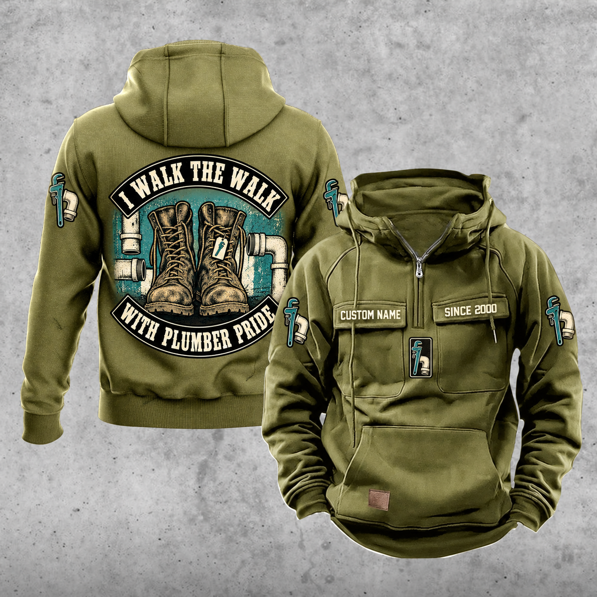 Plumber Walk the Walk Badge Vintage Hoodie in Military Green, front and back views with sample text CUSTOM NAME and SINCE 2000, arched boots and pipework graphic, and upper-sleeve pipe-wrench icons.