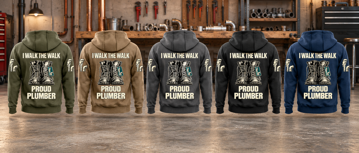 Five complete back views of the Plumber Proud Walk Vintage Hoodie in Military Green, Kaki, Dark Gray, Black and Dark Blue, arranged separately in front of an organized plumbing workbench.