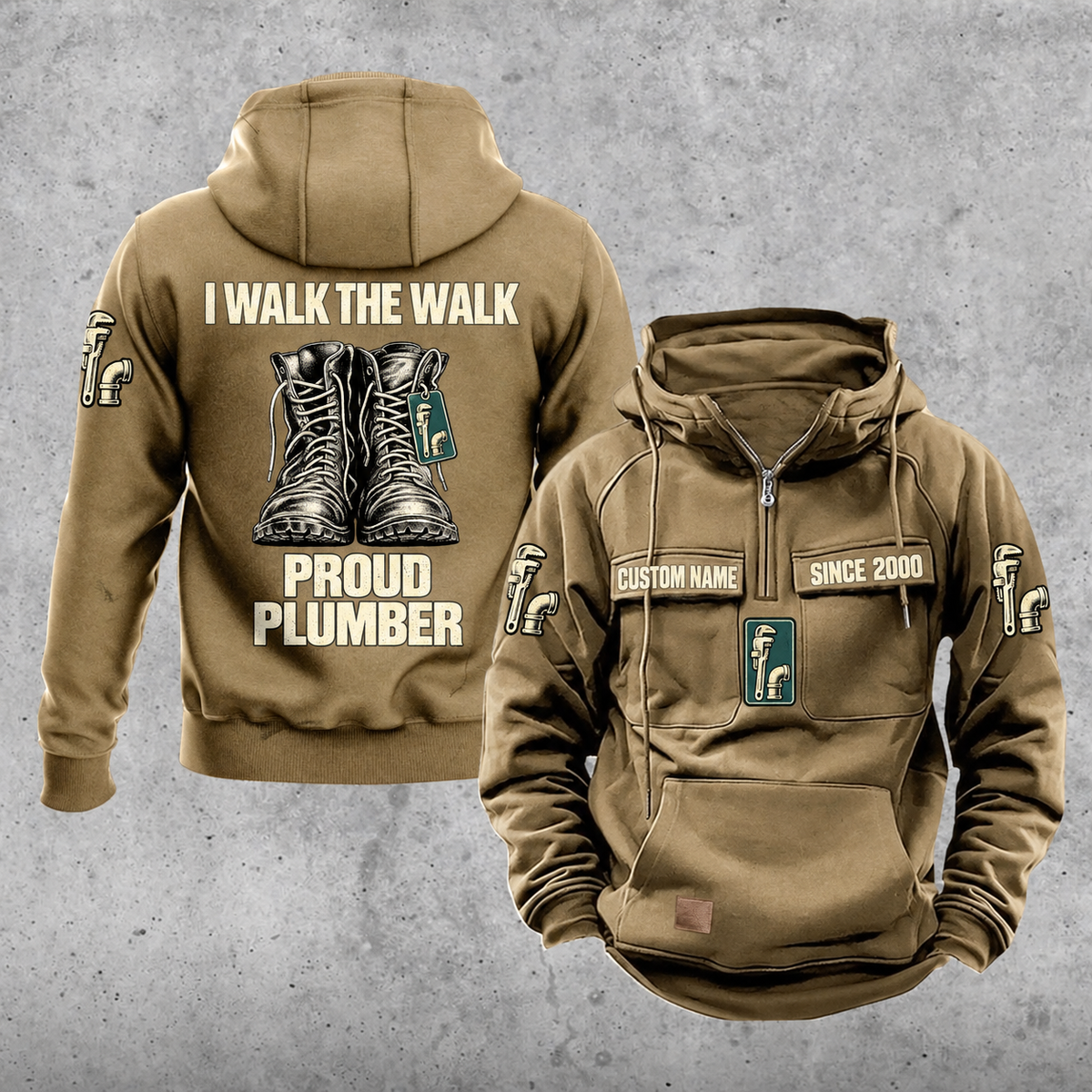 Plumber Proud Walk Vintage Hoodie in Kaki, front and back views with sample text CUSTOM NAME and SINCE 2000, boots artwork and I WALK THE WALK / PROUD / PLUMBER lettering.