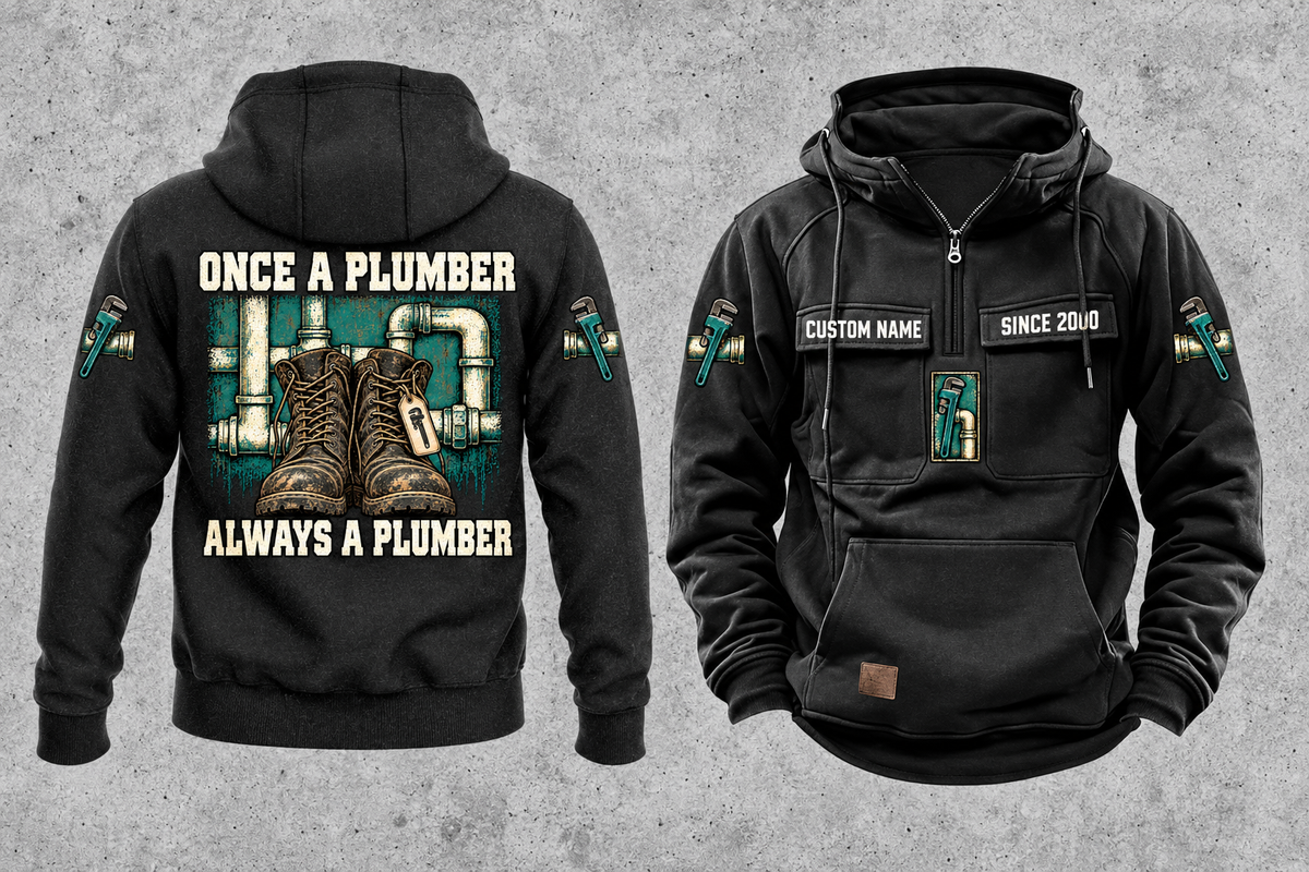 Plumber Once and Always Vintage Hoodie in Black, front and back views with sample text CUSTOM NAME and SINCE 2000.